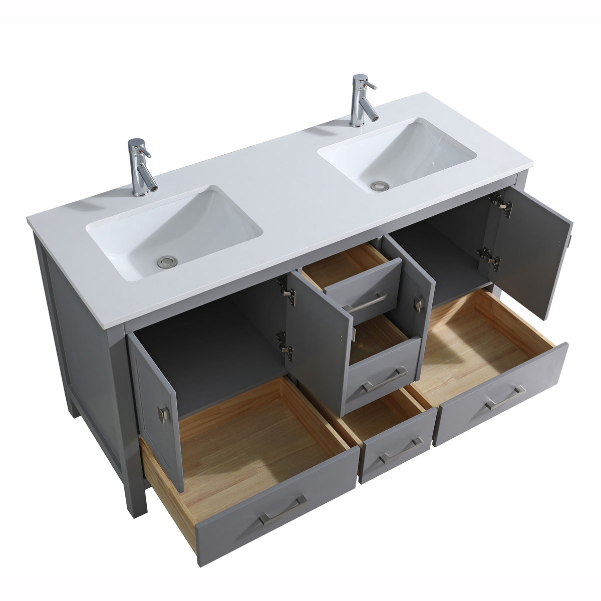 60" Double Sink Bathroom Vanity with 2 Cabinets and 5 Drawers - 9008-60D WH