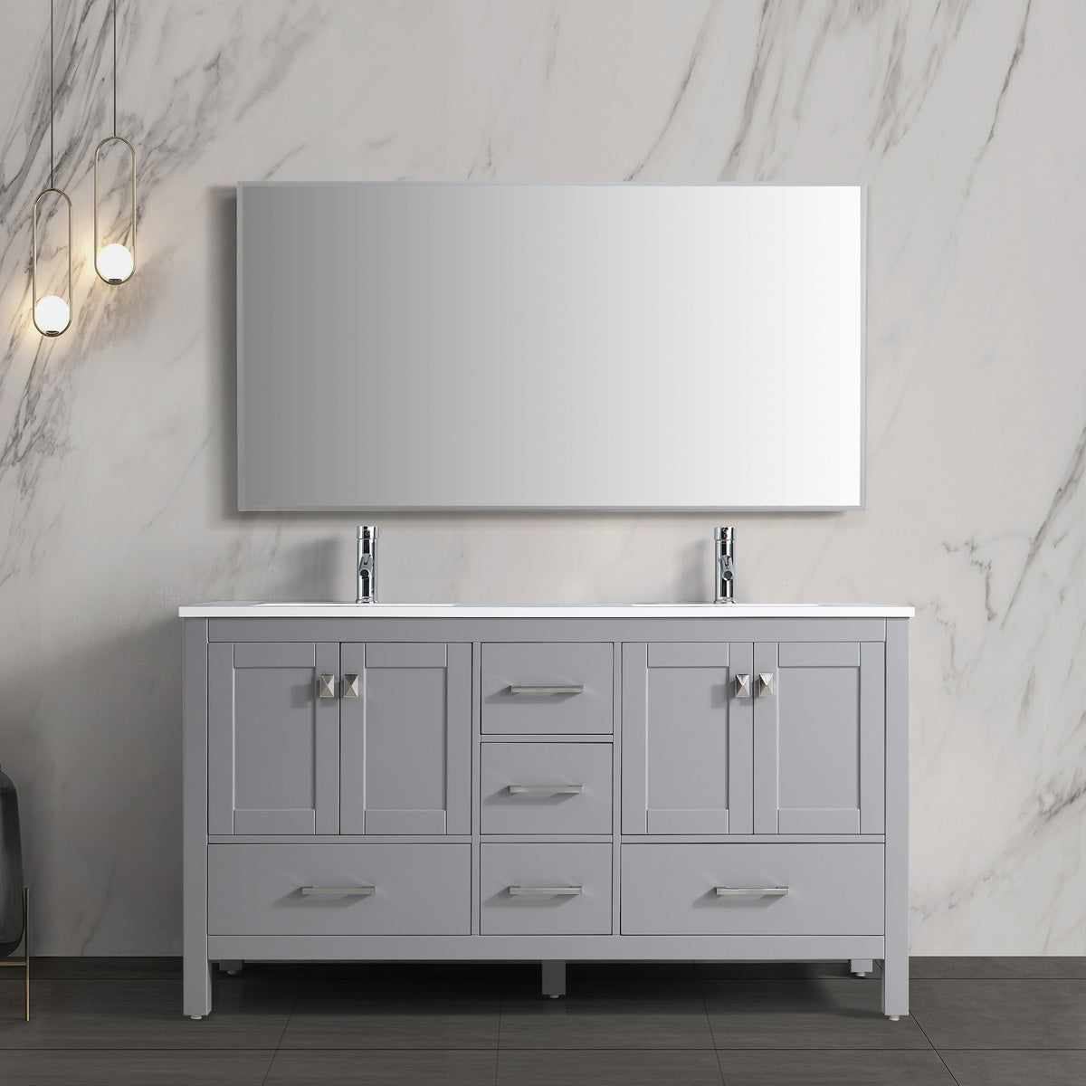 60" Double Sink Bathroom Vanity with 2 Cabinets and 5 Drawers - 9008-60D WH