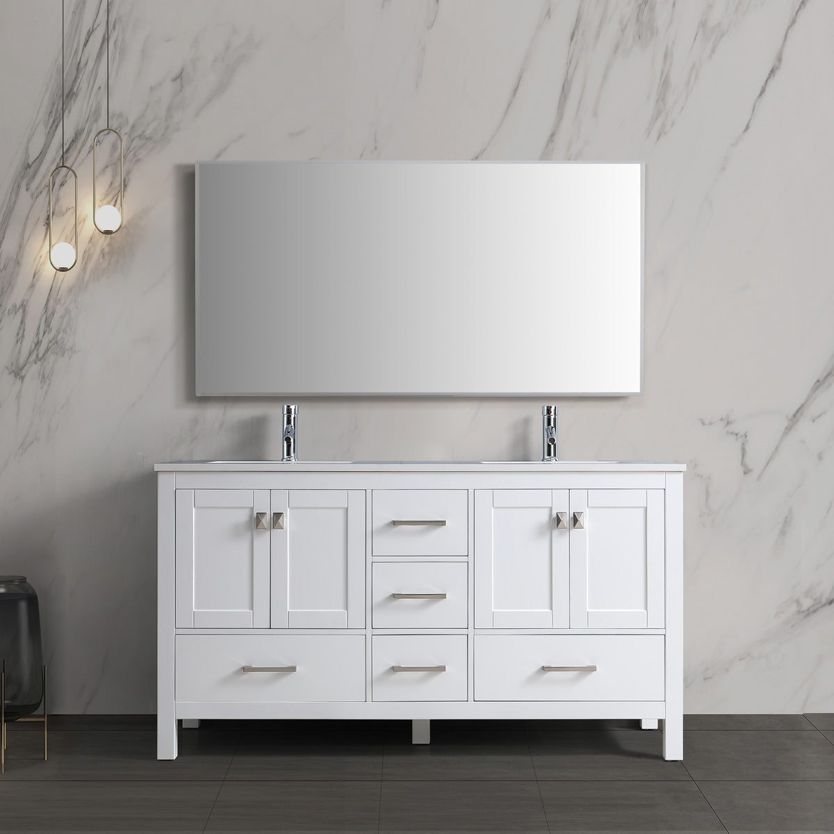 60" Double Sink Bathroom Vanity with 2 Cabinets and 5 Drawers - 9008-60D WH